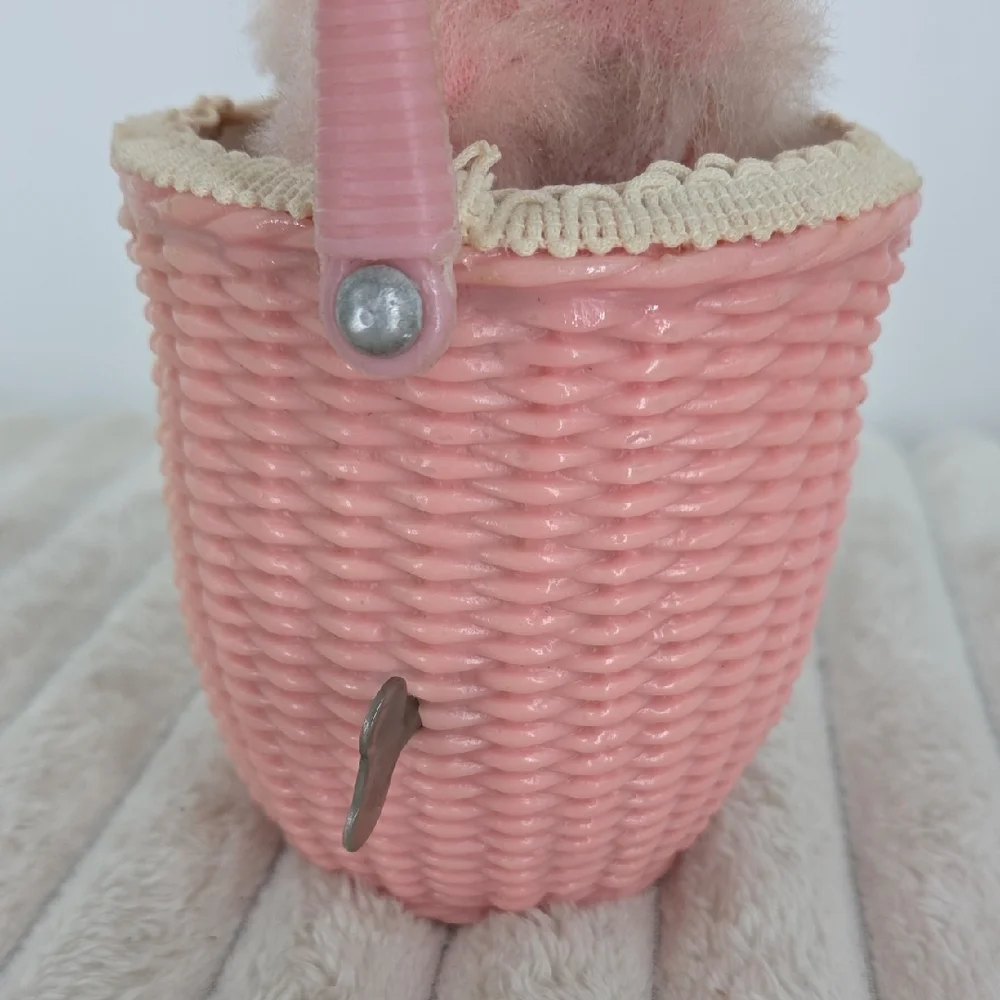 Vintage Japanese Pink Poodle In A Basket Windup Toy